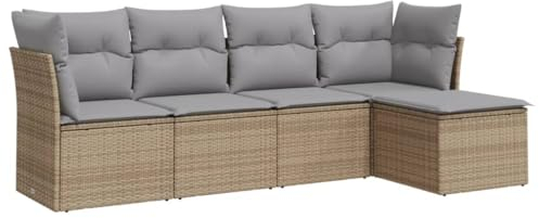 vidaXL Salon de Jardin avec Coussins 5 pcs, Canapés de Terrasse, Ensemble de Meubles de Patio, Mobilier d'Extérieur, Beige Résine Tressée