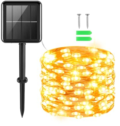 Gcstnn Solar Lichterkette Aussen, 1 Pack 5M 50LED Solar Lichter 8 Modi IP65 Wasserdicht Lichterkette für Hof, Garten, Terrasse, Balkon, Innen/Außen Dekorationen(Warm Weiß)
