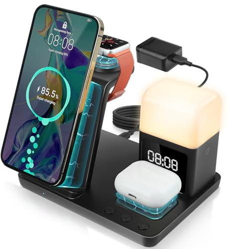 AURTEC 6 in 1 Kabellose Ladestation mit Wecker, Nachtlicht, kompatibel mit iPhone 15/14/13/12/11/Pro/Pro Max/Mini/XS/XR/X / 8 / Plus, Apple Watch 9/8/7/6/5/SE, AirPods Pro/3/2/1,15W Adapter