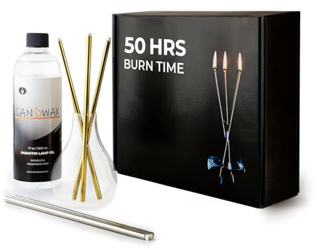 CANDWAX Vela recargable, juego de regalo de velas de aceite de vidrio con botella de parafina líquida de 17 onzas, embudo y 2 juegos de mechas de metal, oro y plata, vela eterna ideal como velas