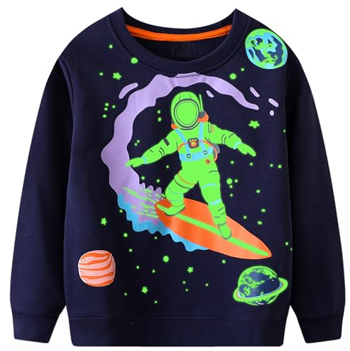 FILOWA sweatshirt barn pojke lyser i mörkret dinosaurie sweatshirt astronaut tryck tröja sport marinblå långärmad varm bomull topp jogging sweatshirt 2–7 år, storlek 92–122, astronauter, 116-122