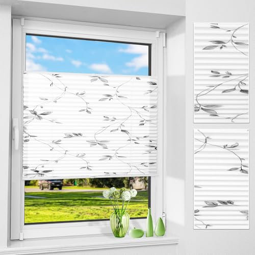 Plissee ohne Bohren mit Blumenmotiv, Plissees Klemmfix mit Muster, Weiß 85 x 130 cm (BxH), Plisseerollo Jalousie Rollos für Fenster und Tür, Sichtschutz und Sonnenschutz