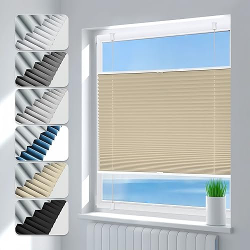 Deswell Plissee ohne Bohren Verdunkelung Klemmfix Verdunklungsplissee B45 x H110 cm Hellbeige, 100% Blickdicht lichtundurchlässig Thermo Plissee Faltrollo Sichtschutz Sonnenschutz für Fenster Tür