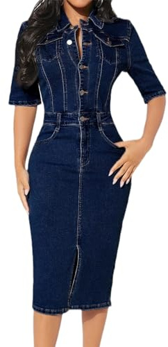 XUSAI Dark Blue,M,Abiti in Denim Aderenti Sexy da Donna, Manica A 1/2, Elasticizzati, Attillati, Midi, con Spacchi, in Jeans