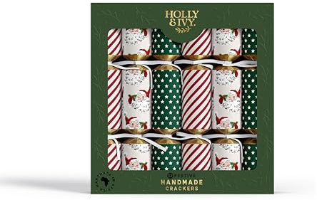 Holly and Ivy Handmade in Africa Christmas Crackers - Festive Range - Tray of 12 x 12 Inch - Family Friendly Gifts Inside - Luxury Deluxe Christmas Crackers - Fun Icons