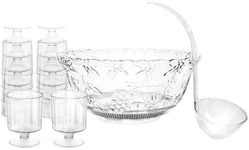 Party Essentials Plastic Punch Set with Ladle and Drinkware, Party Serveware for Cocktails, Fruit Punch, Tea, and Juices, Clear, 8 Qt Bowl + 10 Wine Cups (8 oz.)
