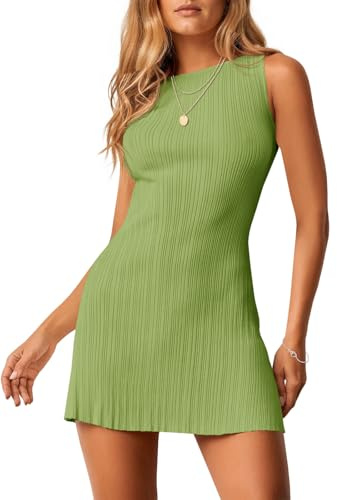 Wenrine Womens Summer Backless Mini Dress Tie Back Casual Sleeveless Slim Club Party Knit Tank Dresses Green