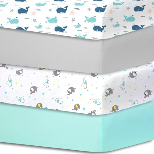 Little Grape Land de Draps pour Lit Bébé 4 Pièces 70x140 cm 100% Microfibre Respirante Certifié Oeko-TEX Protège Matelas Amovible et Lavable Motifs Mignons pour Berceau et Matelas Bébé(Baleine)