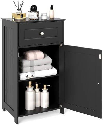 Tangkula Small Bathroom Cabinet for Small Spaces, Free-Standing Single Door Storage with Adjustable Shelf, Anti-Tipping Device, Smooth Drawer, Floor Cabinet for Bathroom & Living Room (Black)