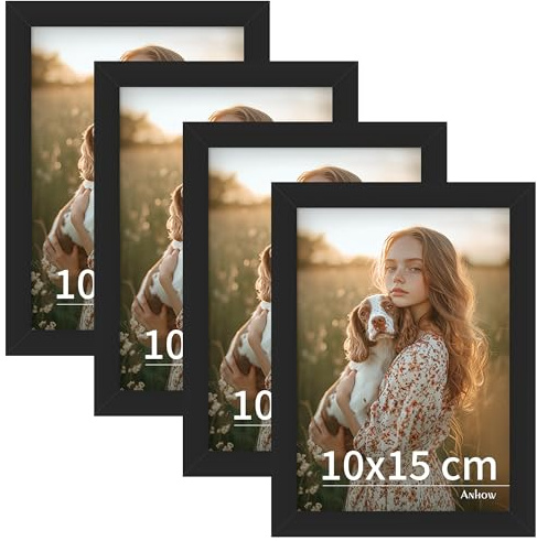 Anhow Bilderrahmen 10x15 cm 4er Set, Schwarz Freistehende Fotorahmen Horizontal oder Vertikal für Wandbehänge/Tischdekoration, PVC Bilderrahmen für Familienfotos, Bilder - Schwarz