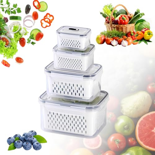 LASIEYO 4 set di contenitori per la conservazione degli alimenti con coperchi portaoggetti, contenitori per la conservazione di frutta e verdura, insalata e bacche, 4.15L+3.15L+1.7L+0.8L