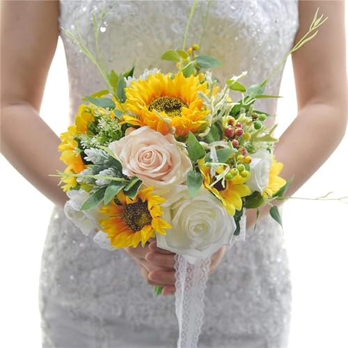OWOHYG Bouquet da Sposa Fatto a Mano con Girasole Artificiale, Decorazione per Bouquet da Sposa con Girasole, Fiori rustici in Seta per la Sposa, Decorazione per la casa.