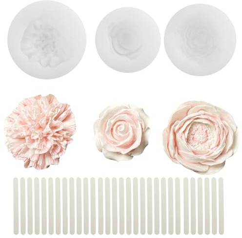 3 Pezzi Stampo Silicone Candele Fiori con 10 bastoncini agitazione,3D Rose chiodi e garofano Stampi Peonia,Stampi candele qualità Alimentare,Per Decorazioni Creative