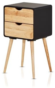 KHG Beistelltisch schwarz, Massivholz Gummibaum, 4-Fuß-Gestell mit 2 Schubladen, fürs Wohnzimmer und Schlafzimmer, Nachtkommode 50 kg belastbar, 65x35x30 cm