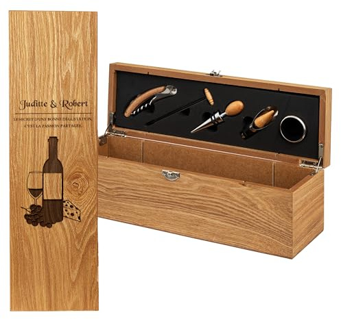 KDO MAGIC Coffret Sommelier Personnalisé 5 Accessoires Inclus (Bouteille) | Idée cadeau fête des pères, retraite, anniversaire | Tire-bouchon, Bouchon, Bec verseur, Stop-gouttes, Thermomètre