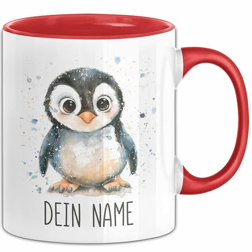 Pinguin Tasse mit Namen – Personalisierte Tasse Geburtstag Geschenkidee süßes Tiermotiv Namenstasse (Rot)