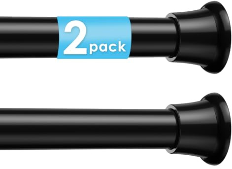 2Pcs Tension Curtain Rod 31 To 76 Inch Black Shower Curtain Rod No Drilling Adjustable Spring Loaded Curtain Rods 7/8Diameter Shower Rods For Bathroom Windows Bedroom Closet Doorway Door