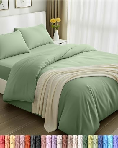 Utopia Bedding 4-delat bäddset för dubbelsäng – påslakan, dra-på-lakan med örngott – mjukt borstat mikrofiber (salvia)