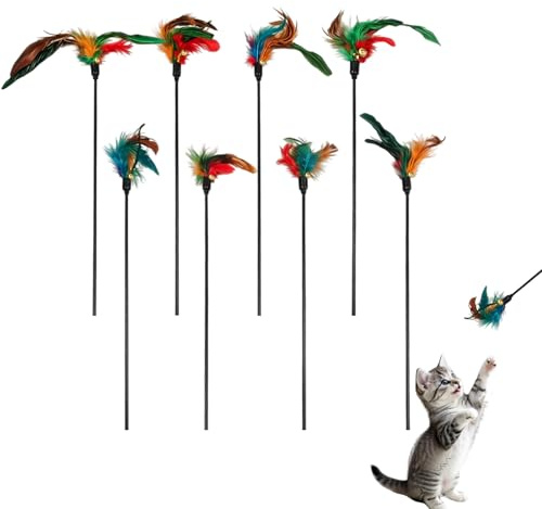 8 Stück Katzenangel Federn Set, 40cm Interaktives Katzenspielzeug Angel mit Natürlichen Federn & Glocke, Stabiler Federwedel Katze für Jagdinstinkt, Bunte Federspielzeug für Katzen & Kitten