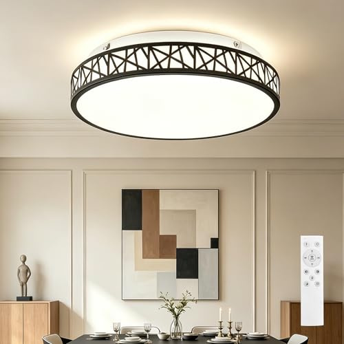 Horevo Lámpara de Techo LED Negra Moderna con Mando a Distancia, D35 cm | 65W, Redonda Geométrica, Estructura Metálica Entrelazada, 3000K-6500K, Pantalla de Acrílico para Salón, Dormitorio, Cocina
