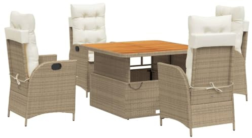 PUGYNBK 5-TLG. Garten-Essgruppe mit Kissen Beige Poly Rattan, Esstisch mit Verstellbarer Tischplatte, Gartensessel mit Verstellbarer Rückenlehne, abnehmbare waschbare Bezüge, für Terrasse