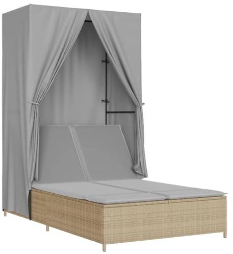 Tmriohed Doppel-Sonnenliege mit Dach und Vorhängen, Gartenliege aus PE-Rattan, 4-Fach verstellbare Rückenlehne, inkl. Kissen, Beige, 197 x 104 cm