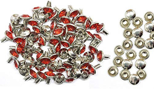 Nozze Decor - Borchie con rivetti diamantati, 10 mm, colore: Rosso per jeans, tessuto in pelle