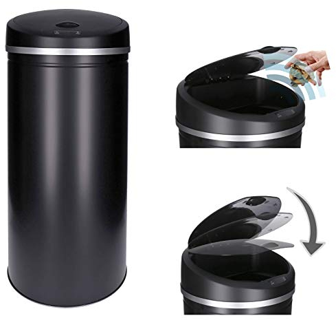 TALK-POINT Poubelle à capteur Automatique 30-50 Litre avec cerclage, en Acier laqué, Ronde, Ouverture/Fermeture automatiques - Poubelle de Cuisine Automatique (Noir, 30 litres)