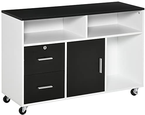 HOMCOM Mobile Porta Stampante con Cassetti, Mobiletto Multiuso per Ufficio e Casa, Nero e Bianco, 100x35x65cm