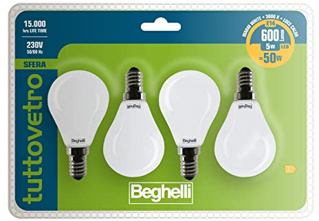 Beghelli - Lampadina LED E14 TUTTOVETRO Luce Calda, Sfera 5W, 600lm, 3000K, Vetro Opale, Efficiente, Facile Installazione, 15000 Ore, Gruppo Colore: Luce Calda, 4 pz