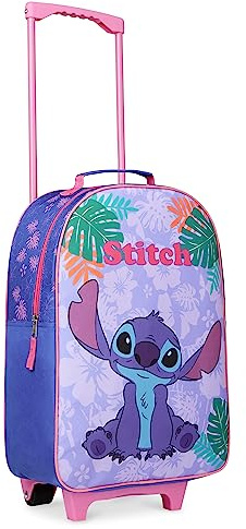 Disney Kids Rolling Luggage 16×11 in, 16‑L Carry‑On Suitcase with Wheels, Foldable Lightweight Travel Bag, Gifts for Kids (Blue Stitch)