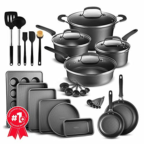 Cookware Set – 23 Piece –Black Multi-Sized Cooking Pots with Lids, Skillet Fry Pans and Bakeware – Reinforced Pressed Aluminum Metal - for Gas, Electric, Ceramic and Induction by BAKKEN Swiss