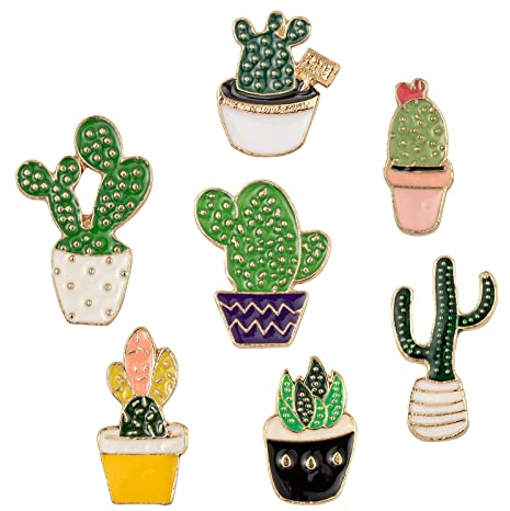 PandaHall 7 x Anstecknadeln aus Legierung, Kaktus-Emaille, 7 Stile, grüne Pflanze, Cartoon-Brosche, Anstecknadel für Kleidung, Taschen, Jacken, Rucksäcke, Zubehör