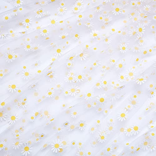 BENECREAT 4 Yard Gänseblümchen Blumen Print Stoff, 2 m Breit Weißes Tüll-Spitzenband Für Hochzeitskleid, Rock, DIY, Nähen, Dekorationen, Bastelbedarf