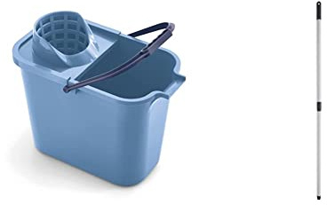 Mery 0111.31 Cubo Rectangular de 12 litros con Escurridor, Polipropileno, Azul, 23 x 37 x 29 cm & 514.21 Palo Telescópico, Acero plastificado, Gris, 80 X 140