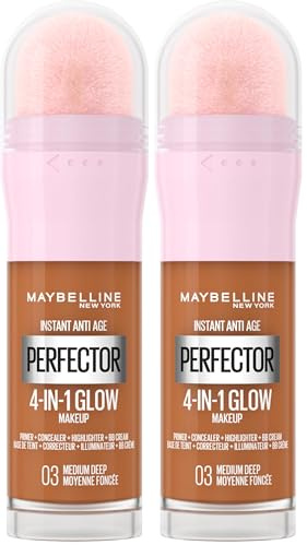 Maybelline New York Instant Anti Age Rewind Perfector, 4-In-1 Glow Primer, Concealer, Highlighter, Self-Adjusting Shades, Evens Skin Tone with a Glow Finish, Shade: 0.3 Medium Deep (Pack of 2)