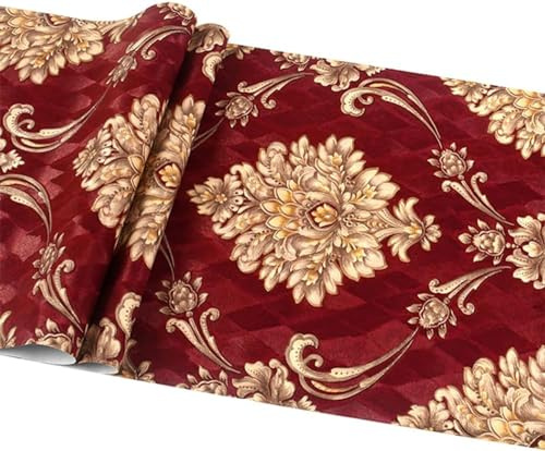 HimYKEA European 3D Damask Flowers Wallpaper for Bedroom Living Room Background Wall Vintage Striped Home Decoration Wall Paper Roll Red Colour 1.73' W x 32.8' L