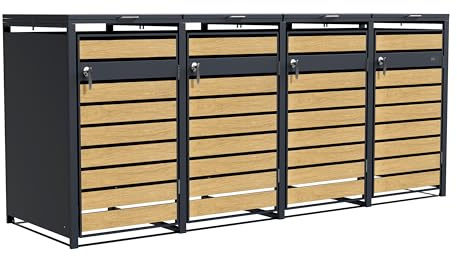 Axi Lucas Cache Poubelle Métallique Anthracite/Aspect Bois - Abri Poubelle pour 4 Conteneurs - Max. 240L - Abri Poubelle Extérieur avec Excellente Ventilation
