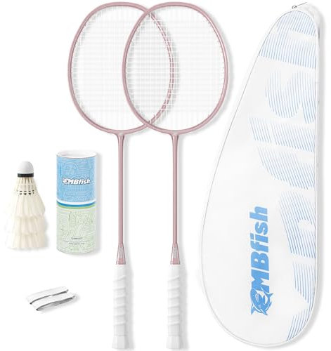 MBFISH Badmintonracket set med 2 kolfiberracketar, 3 fjäderbollar, 2 ersättningsracket greppband och 1 badmintonväska – perfekt för nybörjare och utomhusspel 4U roséguld 2P