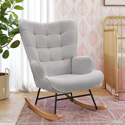 TEOSTWF Relax Schaukelstuhl Bequemer Schaukelsessel mit Rückenlehne Teddy Schaukelstuhl Holz Modern Freizeit Lounge Sessel für Erwachsene für Erwachsene Wohnzimmer Schlafzimmer