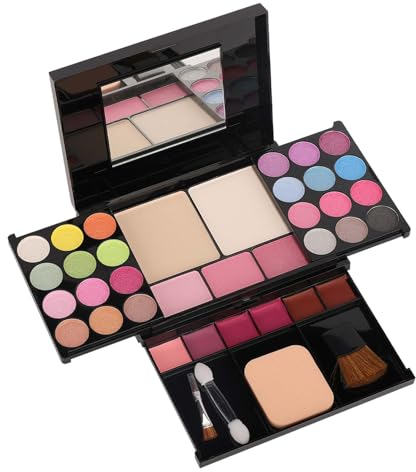 Multifunktion Schminkkoffer Mädchen, Make Up Set mit Spiegel, Wasserdicht Schminkset mit Lidschatten Palette, Lippenstift, Rouge, Highlight, Puderquaste und Pinsel, für Unterwegs und Verschenken
