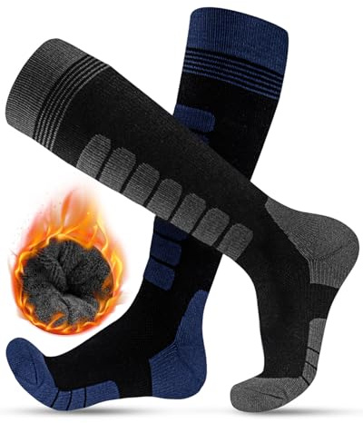 FORVEVO 2 paia di calze da sci uomo 47-50 con lana merino, calze invernali calde imbottite, calze da sci donna, calze termiche traspiranti (nero/blu)