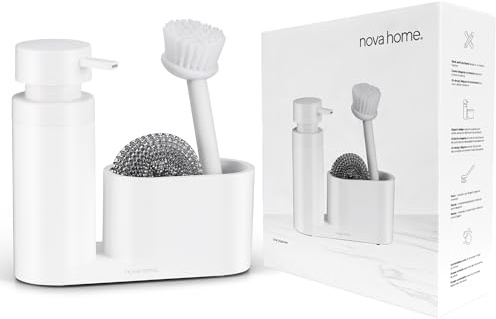 nova home Organizador Fregadero Cocina | Dosificador Jabón Cocina Moderno | Soporte Estropajo Fregadero | Incluye Estropajo Antiarañazos y Cepillo de Acero Inoxidable | Diseño Minimalista Blanco