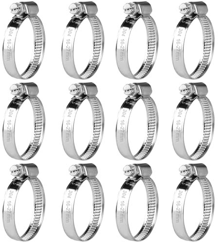 12 Pcs Collier de Serrage Tuyau Réglable 16-27 mm, Collier de Serrage en Acier Inoxydable, Colliers de Serrage à Vis Metallique, Boulons Collier Durite pour Tuyaux de Essence Diesel Piscine