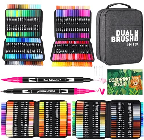 Sonlaryin Feutres Coloriage Adulte, 144 Stylos à Colorier Stylos Pinceaux à Double Pointe Pinceaux Marqueurs d'art Calligraphie Lettrage Feutre pour Coloriage, Dessin, Création Artistique