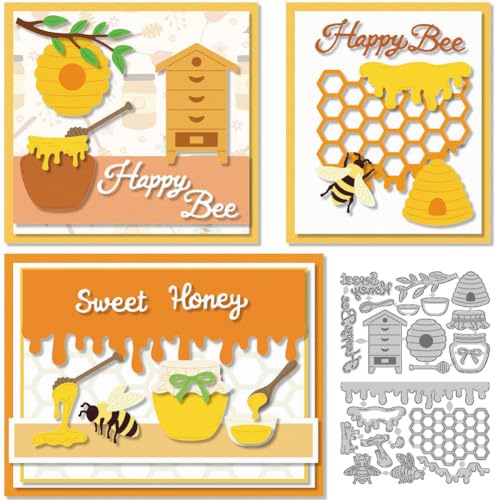 DELORIGIN Bee Honey Jars Cutting Dies Card Making Die Stencil Metal Honeycomb Card Die Cuts Scrapbooking Embossing Template Dies for Greeting Cards Craft Paper Album Invitation Festive Decor