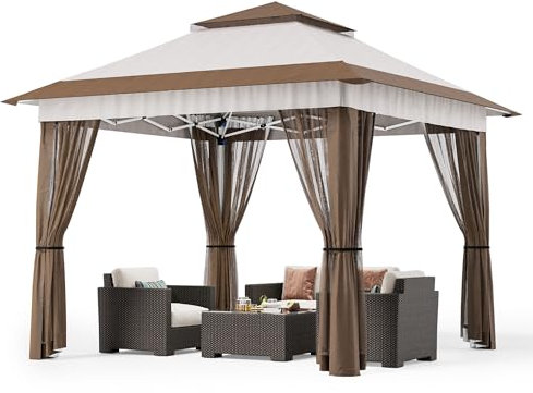 Bealife 3,35x3,35m Pop-Up Pavillon mit Verstellbarer Höhe – wasserdichter Outdoor-Gazebo mit Moskitonetz, UV-Schutz und Rolltasche für Veranstaltungen, Partys und Zusammenkünfte (Beige, 3x3m)