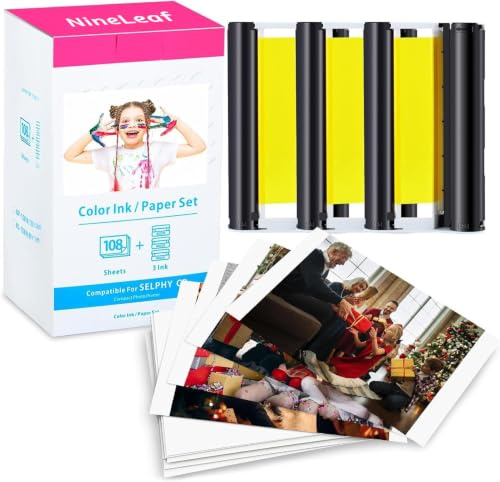 NineLeaf Compatible pour Canon Selphy CP1300 CP1500 CP1200 CP1000 CP910 KP-108IN 3115B001 cartes postales pour Papier photo Canon Selphy, 3 cartouches+108 papier photo (10x15cm)