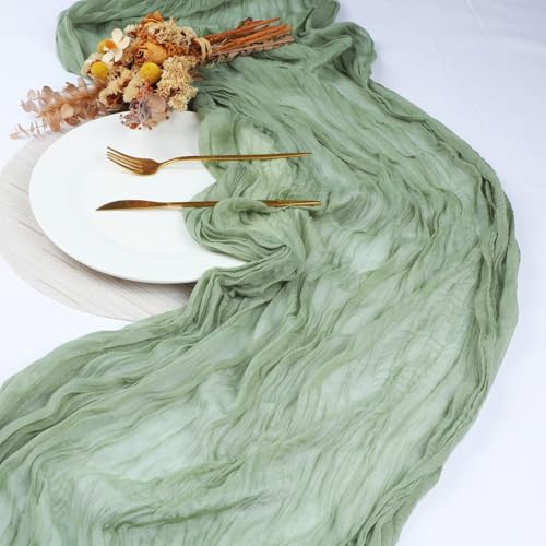 Boriad 2 Stück Mode Boho Gaze Käsetuch Tischläufer Rustikaler Durchsichtiger Läufer, Maschinenwaschbar Tischdecke für Hochzeit， Dekoration, Geburtstagsparty, 90 x 300 cm,Salbeigrün