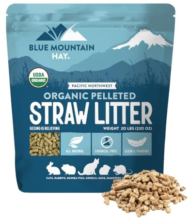 Blue Mountain Hay Organic Wheat Straw Litter for Small Animals | Natural, Biodegradable Litter Pellets | Chemical & Dust-Free | Moisture-Absorbing | Naturally Eliminates Odor (20 lb)